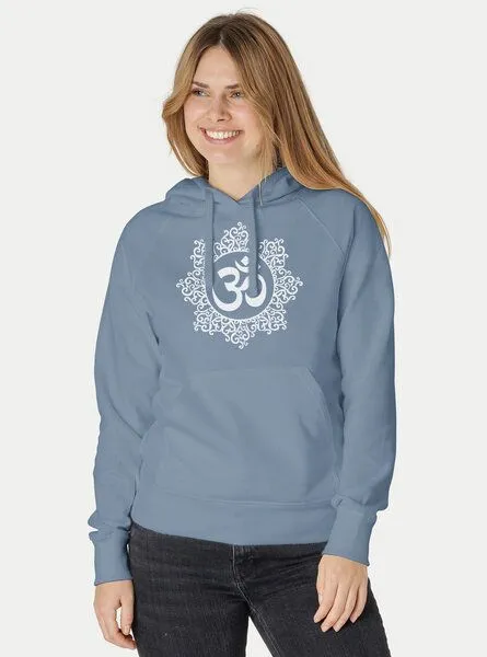 Peaces.bio - handbedruckte Biomode Peaces.bio - handbedruckte Biomode Bio-Damen-Kapuzensweater "Classic-Om", Blaugrau, – Produktbild 2 von 3
