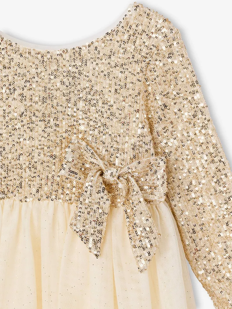 Vertbaudet Vertbaudet Mädchen Festkleid mit Schleife und Rückenausschnitt, Gold, – Produktbild 4 von 4
