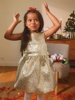 Vertbaudet Vertbaudet Festkleid aus Lamé-Stoff mit Knitter-Effekt und großer Schleife Mädchen – Produktbild 1 von 1