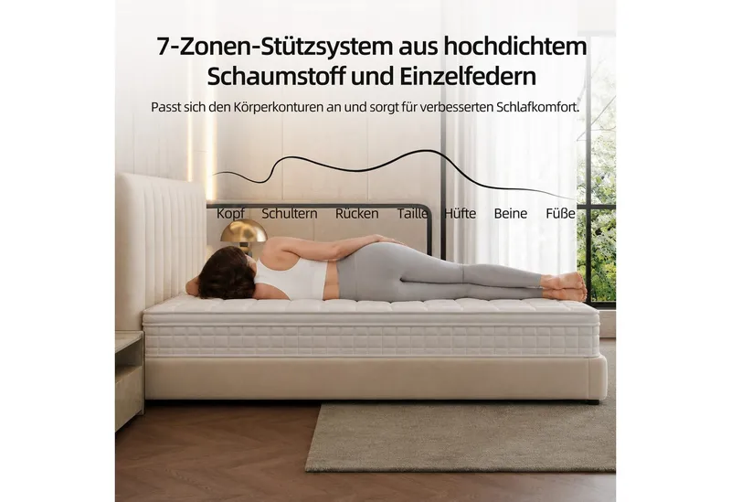 Federkernmatratze Matratze 180x200, 7-Zonen Taschenfederkernmatratze, Höhe 25 cm, oleyluckidea, Größen haben 140 × 200 cm, 160 × 200 cm und 180 × 200 cm – Produktbild 7 von 8