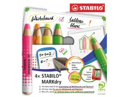 Stabilo STABILO 4er-Pack Whiteboardmarker "MARKdry" mit Spitzer und Tuch, neon – Produktbild 1 von 1
