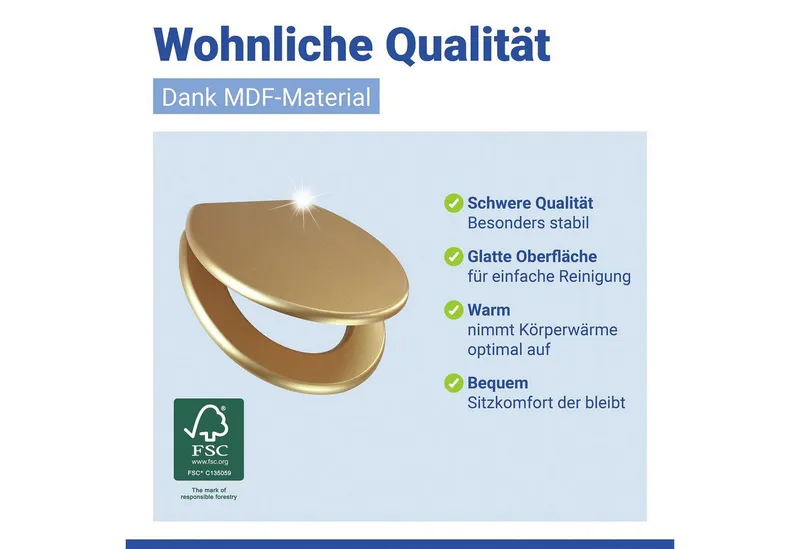 Wenko Wenko WC-Sitz Modell Aldeno, aus MDF mit Edelstahl-Befestigung, spülkastengeeignet, Goldfarben, – Produktbild 4 von 5