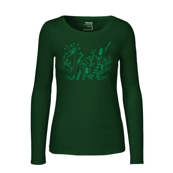 HANDGEDRUCKT HANDGEDRUCKT "Wilde Wiese" Frauen Longsleeve aus reiner Biobaumwolle (kbA), Bottle green, – Produktbild 1 von 2