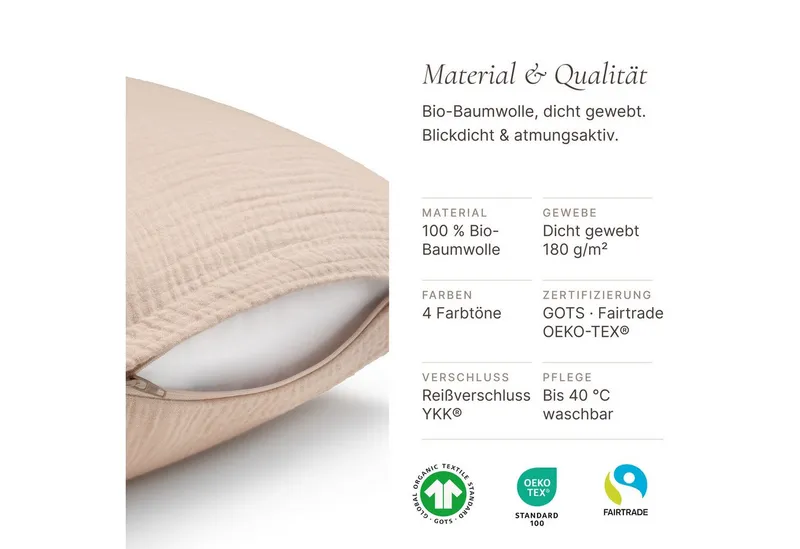 Seralino Kissenbezüge 2er Set aus Musselin (100% Bio Baumwolle) blickdicht, weich, (2 Stück), besonders weich, bügelfrei, formstabil, verdeckter Reißverschluss, Beige, – Produktbild 5 von 5
