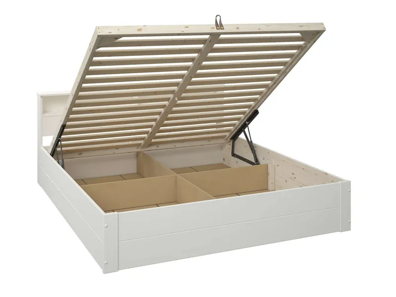 OTTO home Stauraumbett MAREILLES, Bett, Made in Europe, FSC® zertifiziertes Massivholz (140x200cm und 180x200cm), Massivholz, Hebemechanismus, Stauraum im Kopfteil und unter dem Bett, Weiß, – Produktbild 4 von 8