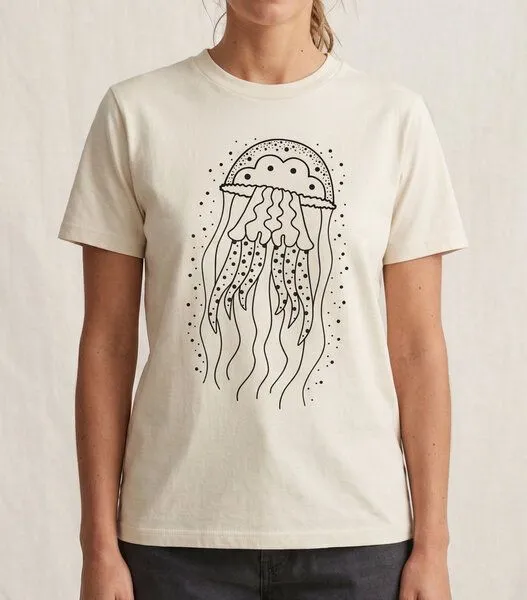 vis wear vis wear Qualle - Göttin im Ozean - Pure Natural Bio Baumwolle Shirt - Front Print, Natural, – Produktbild 3 von 4