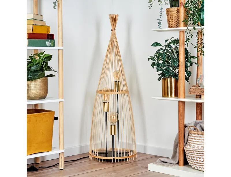 hofstein Stehlampe moderne Stehleuchte aus Metall/Bambus in Schwarz/Naturfarben, ohne Leuchtmittel, Boho-Style, Fußschalter am Kabel, Ø 34 cm, 3 x E27, ohne Leuchtmittel, Beige, – Produktbild 2 von 5