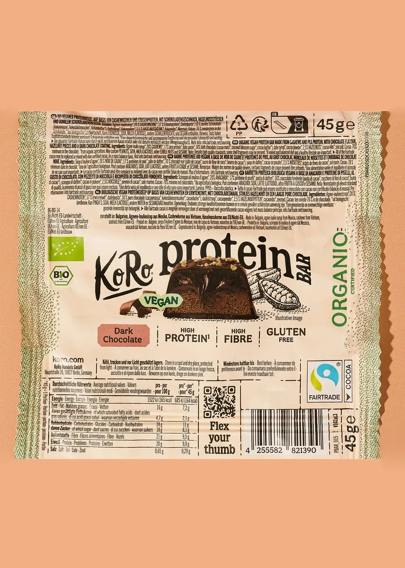KoRo Vegan Bio Protein Bar Dark Chocolate | 3 x 45 g – Produktbild 5 von 5