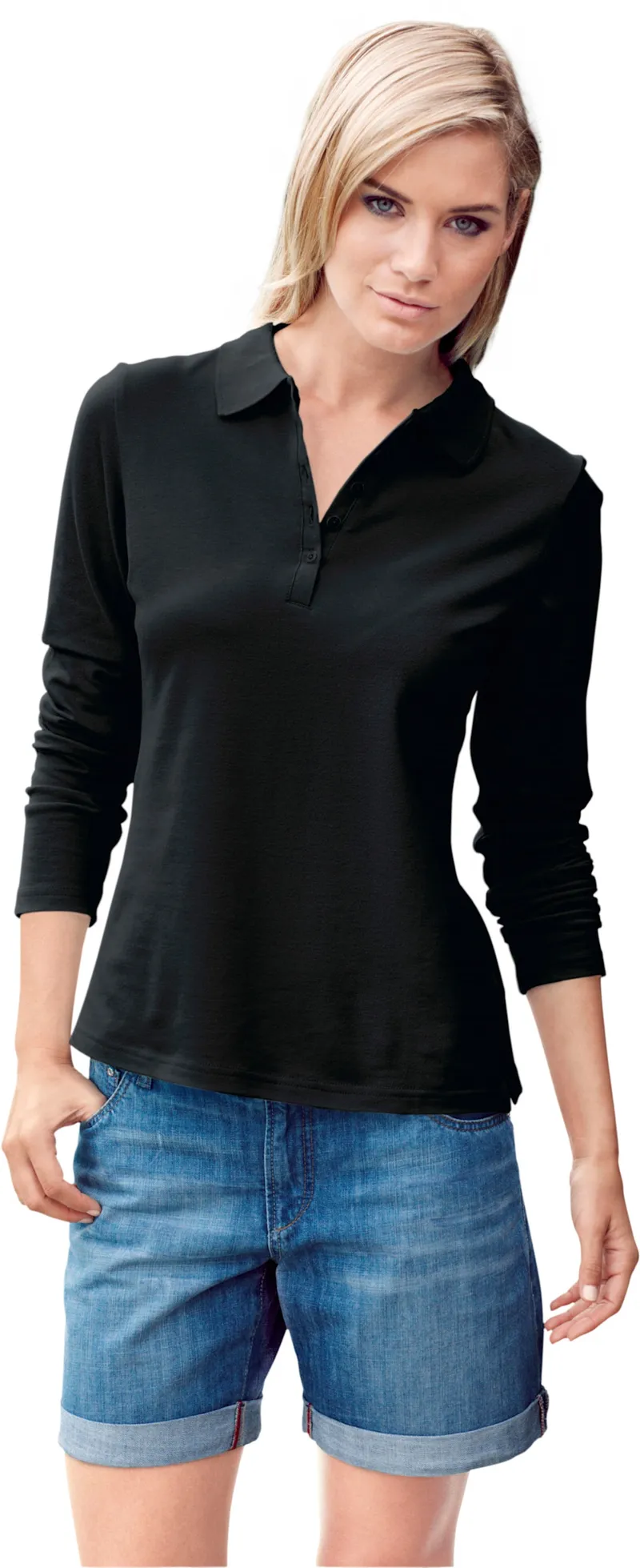 heine Langarm-Poloshirt schwarz, Schwarz, – Produktbild 2 von 3