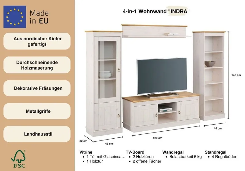 OTTO home Wohnwand Indra Vitrine, TV-Board, Regal, Wandregal mit dekorativer Fräsung, (Set, 4-St), 4-teiliges Set, aus massiver Kiefer, dekorative Fräsung, Metallgriffe, Weiß, – Produktbild 3 von 5