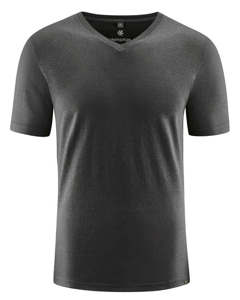 HempAge Hempage Herren vegan T-Shirt Mit V-Ausschnitt Schmal Geschnitten Schwarz, Schwarz, – Produktbild 1 von 2