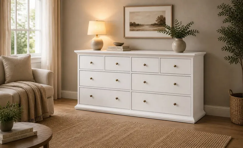Home affaire Kommode Paris, Aufbewahrung, Schubladenschrank, Stauraum, mit 8 Schubladen, Landhausstil, Elegant, geräumig, Breite 184 cm, Höhe 87 cm, Weiß, – Produktbild 4 von 5