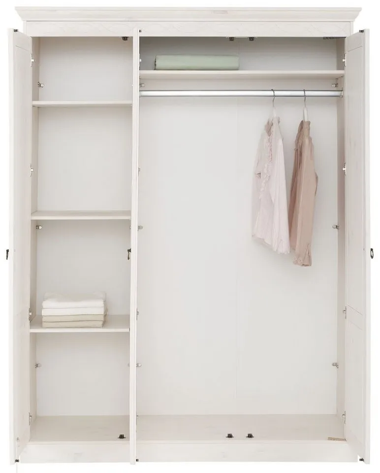 OTTO home Kleiderschrank Indra Massivholz Kiefer FSC zertifiziert Made in Europe (B/H/T ca: 145/187/54 cm) Landhausstil mit Spiegel und flexiblem Stauraumkonzept, Weiß, – Produktbild 5 von 5