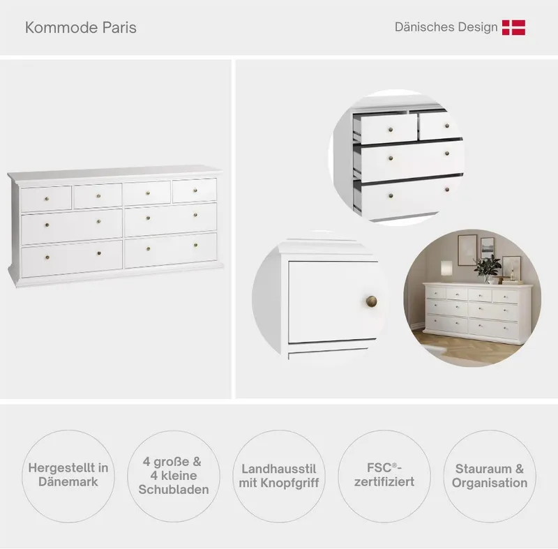 Home affaire Kommode Paris, Aufbewahrung, Schubladenschrank, Stauraum, mit 8 Schubladen, Landhausstil, Elegant, geräumig, Breite 184 cm, Höhe 87 cm, Grau, – Produktbild 4 von 5