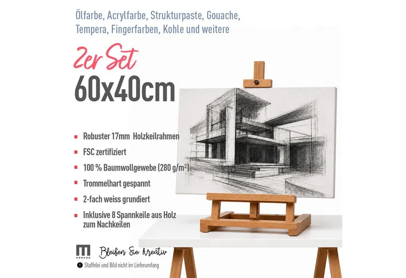 M MERCEO Leinwand, 2er-Set Leinwand 40x60cm (zum Bemalen, Baumwolle, Keilrahmen, Weiß, – Produktbild 2 von 5