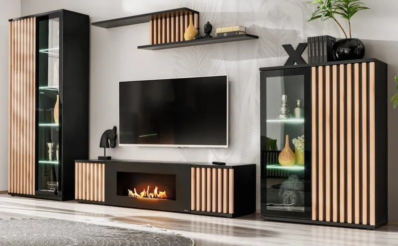 Furn.Design Wohnwand Morgan, (in schwarz matt mit Eiche Lamellen, 4-St., integrierter Kamin), Push-to-Open Funktion, inkl. Beleuchtung, Schwarz, – Produktbild 2 von 5