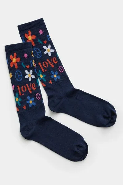 Natural Vibes Natural Vibes Peace & Love Hippie Socken Bio GOTS | Blaue Tennissocken | Bunte Socken | Herren Damen Socken – Produktbild 4 von 4