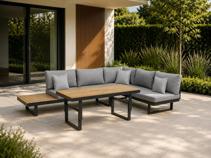 Greemotion Gartenlounge-Set San Jose, Loungemöbel Outdoor, Alu-Teak, Esstisch & Liegefunktion, (inkl. Auflagen), Farbe Schwarz/Grau, Grau, – Produktbild 1 von 5