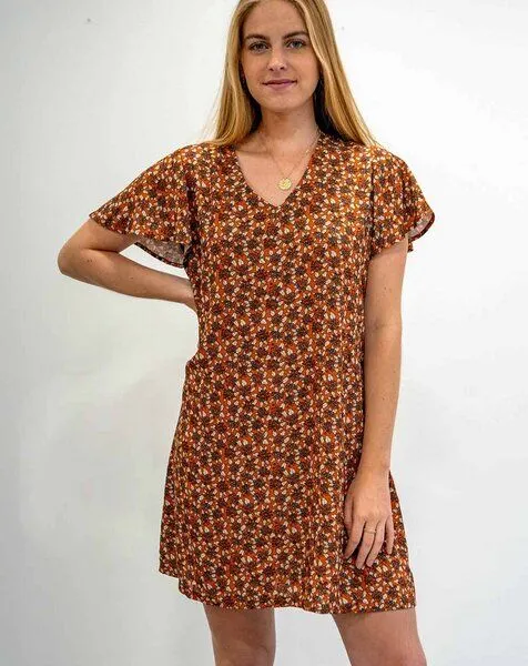 Aatise Aatise Shiftkleid Zelda mit Schmetterlingsärmel, oranger Druck, 100% EcoVero, Orange, – Produktbild 3 von 4