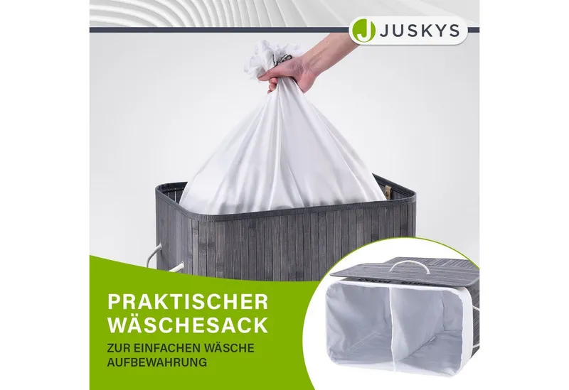 Juskys Wäschekorb Curly 100 L in Grau aus Bambus mit Deckel, 2 Fächern & Wäschesack, Wäschesammler für Familien, faltbar mit Tragegriffen, 52 x 32 x 63 cm, Grau, – Produktbild 4 von 5
