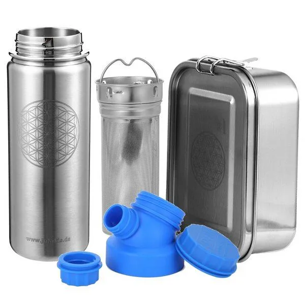 JN JuNiki's JN JuNiki's Set "Blume des Lebens": Lunchbox + 550ml Edelstahltrinkflasche + Teefilter, Blau, – Produktbild 1 von 4