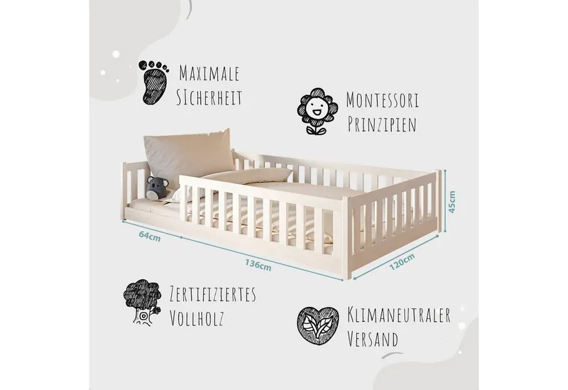 Kids Collective Kinderbett Bodenbett Bett mit Rausfallschutz & Lattenrost Montessori Bett Kinder (Jungen, Mädchen, Kinder, weitere Größen 80x160, 80x180, 90x190, 90x200, 140x200 cm), Jugendbett Gitterbett Einzelbett, Weiß Kiefer 120x200 cm, Weiß, – Produktbild 3 von 5