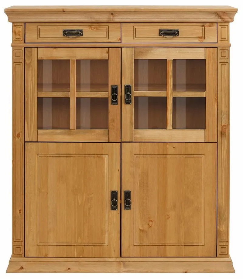 OTTO home Highboard Vinales, 2 Schubladen, 4 Türen, 3 Einlegeböden, Griffe im Jugendstil (B/T/H:112/39/130 cm), Vitrine, Messinggriffe im Jugendstil, Kiefer, FSC®, Beige, – Produktbild 5 von 5