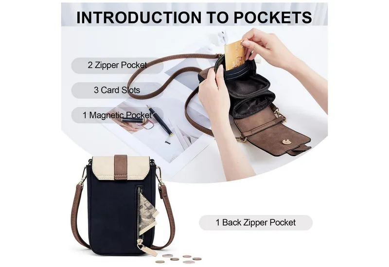 LuxusKollektion Umhängetasche Handytasche RFID-Blockierung große Kapazität Damen Kunstleder, Beige|braun|schwarz, – Produktbild 4 von 5