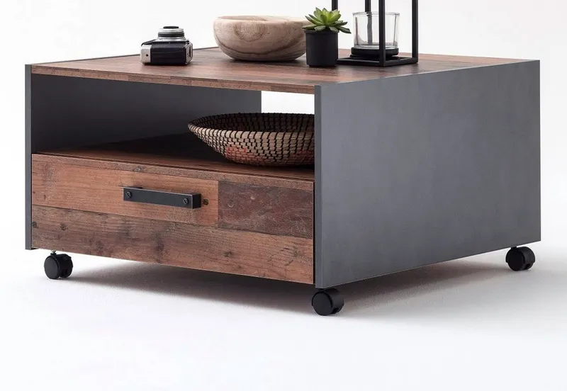 trendteam Couchtisch Indy (Tisch quadratisch, Used Wood und grau, auf Rollen), mit Schublade, Beige, – Produktbild 1 von 5