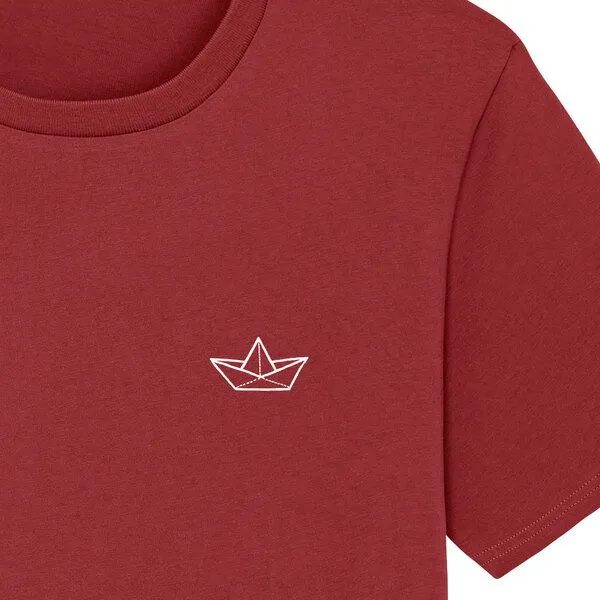 Spangeltangel Spangeltangel T-Shirt "Papierboot", Männershirt, Herrenshirt, bedruckt, Biobaumwolle, Unisex, Weinrot, – Produktbild 2 von 3