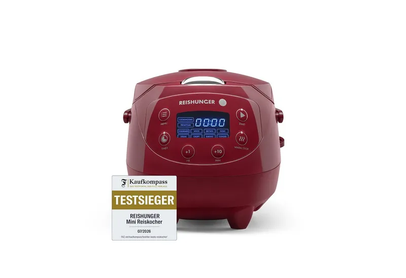 Reishunger Reishunger Reiskocher Digital Mini – 0,6 L – Multikocher – 8 Programme – Keramikbeschichtung, 350 W, Dämpfeinsatz, Messbecher, Reislöffel, Timer- und Warmhaltefunktion, Rot, – Produktbild 1 von 5