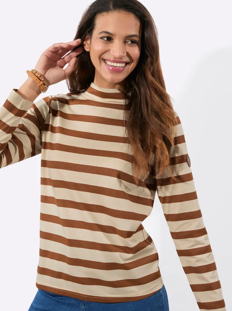 Witt Stehkragenshirt cognac-sand-geringelt, Cognac-sand-geringelt, – Produktbild 2 von 2