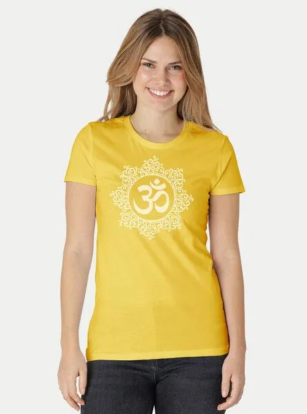 Peaces.bio - handbedruckte Biomode Peaces.bio - handbedruckte Biomode Bio-Damen-T-Shirt "Classic Om", Gelb, – Produktbild 2 von 2