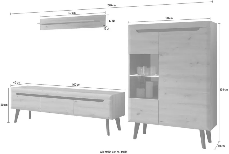 Home affaire Wohnwand Torge, Anbauwand, Schrankwand, Mediawand, Wohnzimmer-Set, (Set, 3-St), Braun|schwarz, – Produktbild 5 von 5