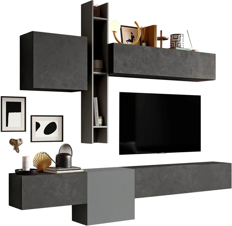 Home affaire Wohnwand Infinity, 6tlg. Breite 262 cm, Höhe variabel, Schrankwand, Anbauwand, (6-St), (Lowboard hängend, 2x Hängeschrank, 2x Hängewürfel, Wandregal), Grau, – Produktbild 1 von 4