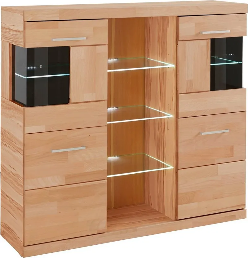 OTTO home Highboard Ribe,120cm breit,112cm hoch,Oberplatte massiv,12 Fächer, Holz massiv, Holzwerkstoff, Metall Griffe,2Türen mit Glaseinsatz, Braun, – Produktbild 3 von 8