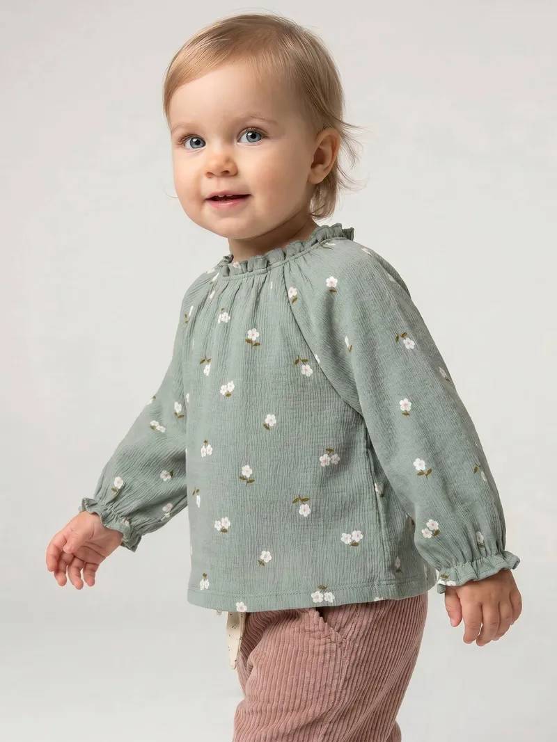 Vertbaudet Baby Shirt mit Rüschenkragen, Salbeigrün geblümt, – Produktbild 1 von 4