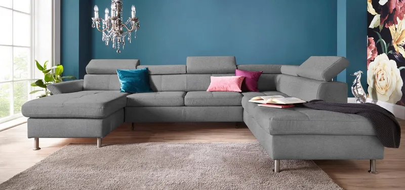 exxpo - sofa fashion Wohnlandschaft Maretto, bequem, Kopfteilverstellung, viel Platz, Breite 330cm, U-Form, inkl. Kopfteilverstellung für mehr Sitzkomfort, wahlweise Bettfunktion, Grau, – Produktbild 1 von 5