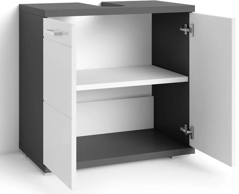 byLIVING Waschbeckenunterschrank Nebraska Breite 60 cm, mit Hochglanzlackierung und verchromten Metallgriffen, Grau, – Produktbild 4 von 5