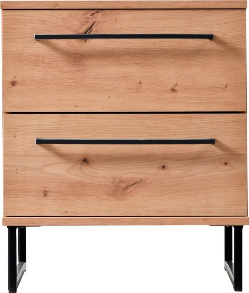 Home affaire Nachtkommode Sardinia, Nachtschrank, Maße (B/T/H): 45,5/35/54 cm (FSC-zertifizierter Holzwerkstoff), mit 2 Schubladen, Metallgriffe und Metallfüße in Kufenform, Beige, – Produktbild 4 von 5