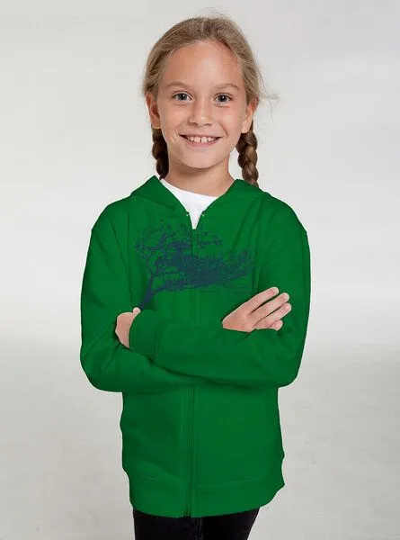 Peaces.bio - handbedruckte Biomode Peaces.bio - handbedruckte Biomode Kinder Zip-Hoodie Windy Tree, Grün, – Produktbild 2 von 2