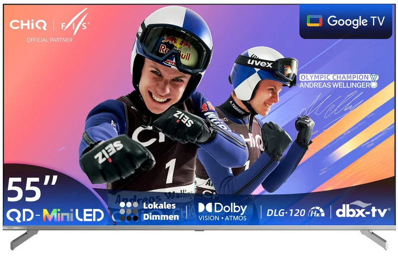 CHiQ M55QN9G Mini-LED-Fernseher (139 cm/55 Zoll, 4K Ultra HD, Google TV, DLG 120Hz, 95% DCI-P3-Farbgenauigkeit, Dolby Vision, Google Assistant) – Produktbild 1 von 5