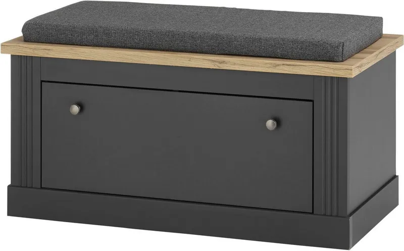 OTTO home Sitzbank Westminster, Schuhbank mit Sitzkissen, Garderobenbank im Landhausstil, Metallgriffe, in 2 Farben erhältlich, Platz für 8 Schuhe, 92 cm breit, Grau, – Produktbild 2 von 5