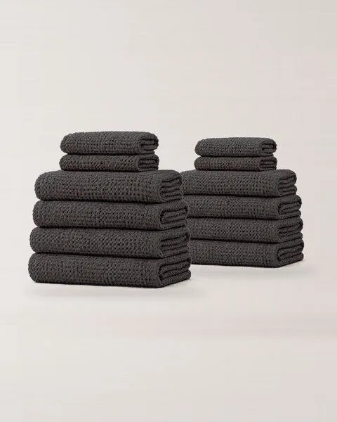 AmourLinen AmourLinen Waffel-Handtuch-Set aus Leinen, Luxe-Pack, 8 Badetücher + 4 Handtücher, Charcoal (schwarz), – Produktbild 1 von 3