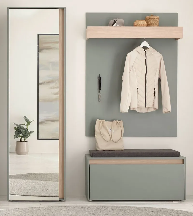 Furn.Design Garderoben-Set Center, (Flurgarderobe in Salbei Grün mit Eiche Dekor, 4-teilig, 170 x 200 cm), inkl. Sitzkissen, mit viel Stauraum, Grün, – Produktbild 3 von 5