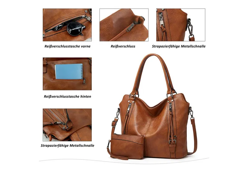 TANTOMI Handtasche Damen Schultertasche Groß Shopper Vegan Handtasche, Handtaschen Umhängetasche Geldbörse Damen Taschen 2-Tlg, Braun, – Produktbild 4 von 5