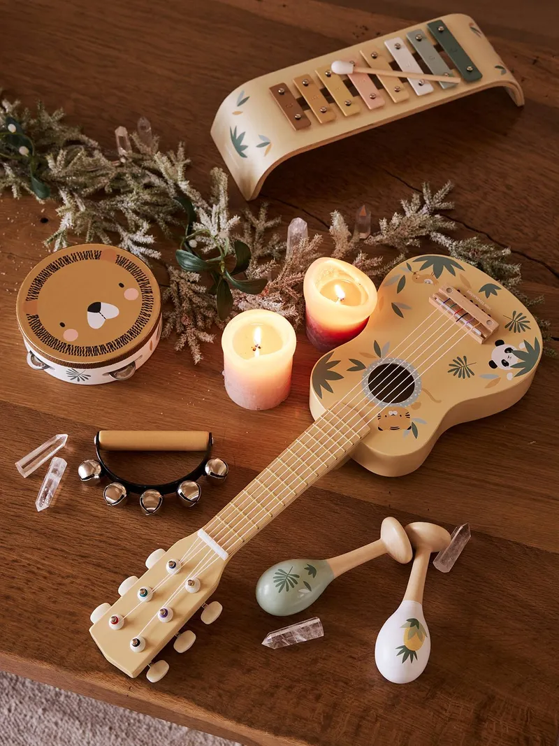 Vertbaudet Holz-Gitarre für Kleinkinder FSC®, Hellbeige/pandafreunde, – Produktbild 1 von 4