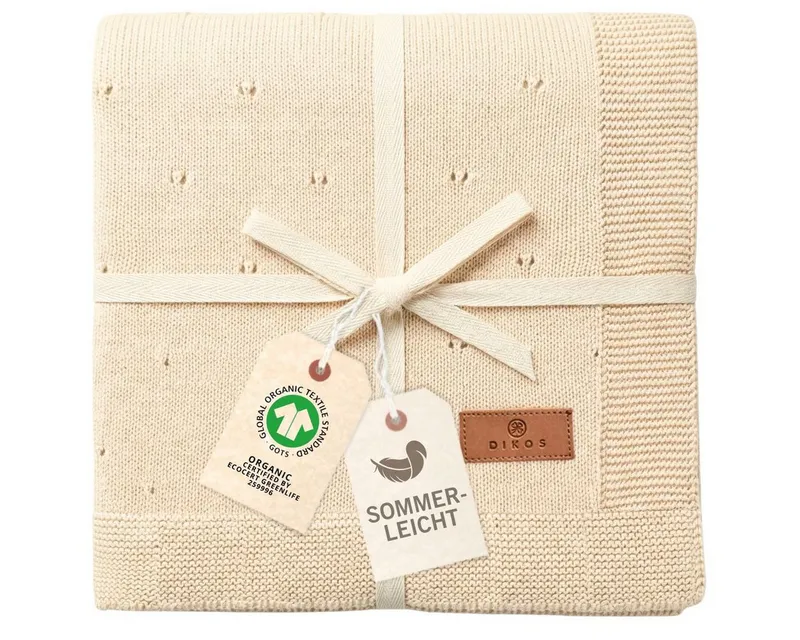 Babydecke DIKOS® aus *100%* Bio Baumwolle, Strickdecke, Geschenk zur Geburt, DIKOS, PREMIUM Qualität, Sommerdecke Ajour, 75x100, atmungsaktiv, weich, Beige, – Produktbild 1 von 5