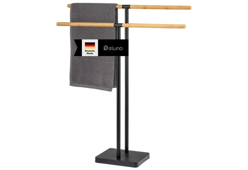 eluno Handtuchständer Stand-Handtuchhalter Handtuchständer freistehend, 2 Stangen Bambus, freistehend, Schwarz, – Produktbild 1 von 5