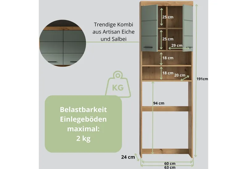 furnling Waschmaschinenumbauschrank Scott 2 offene Fächer, 2 Türen, platzsparend, Badmöbel, Badschrank, Umbau, Grün, – Produktbild 3 von 4